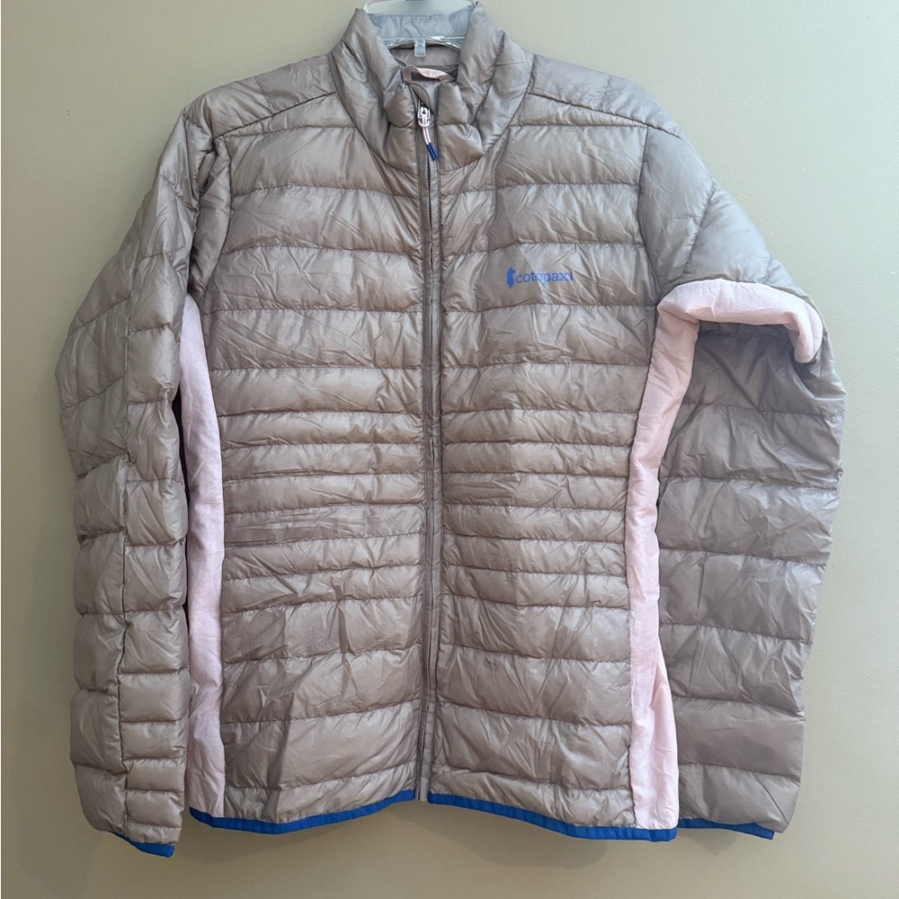 cotopaxi Taupe Puffer Jacket with Light Pink Trim